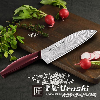 Couteau Shimomura Santoku Urushi 67 couches Damas rouge